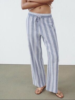 Zara Striped Linen-Blend Drawstring Pants - Blue & White